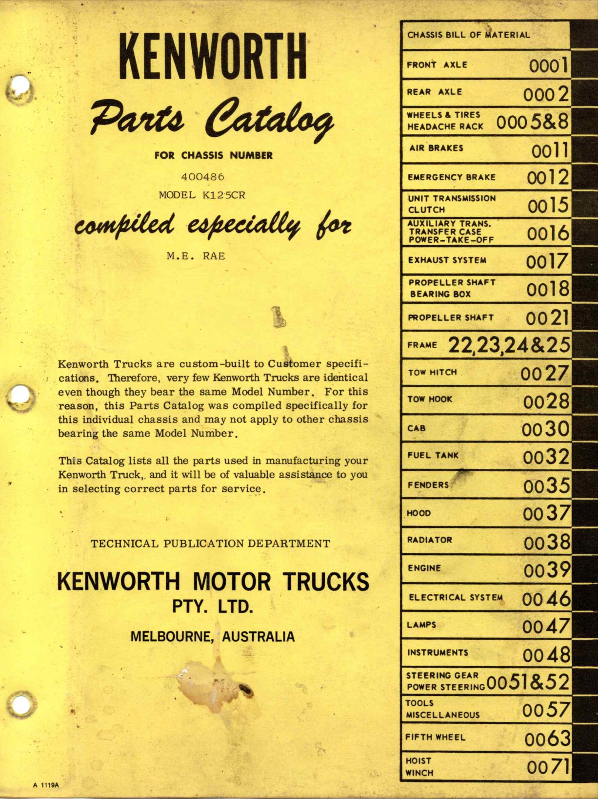 Kenworth Parts Catalog- K-125CR Chassis Number 400486